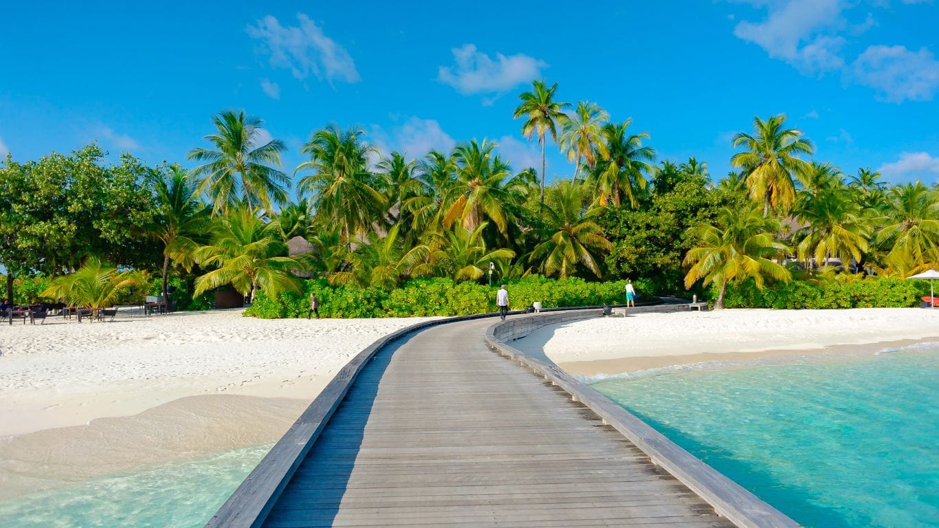 A picture of a person walking on a deck to a tropical island.