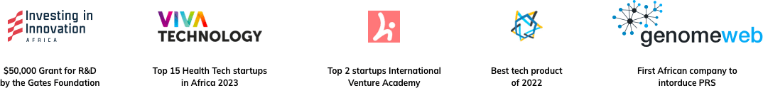 BioCertica recognition for its awards by the Gates Foundation, GenomeWeb, Top Tech product by BH engineering, Top 15 HealthTech startups.