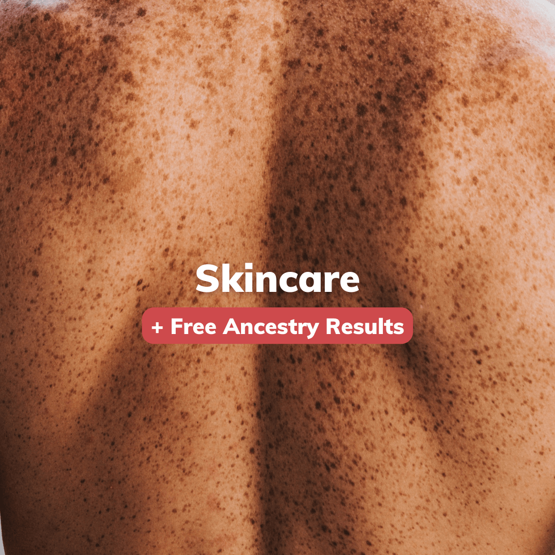 Our DNA skincare test includes your free ancestry results and will report on things like acne, stretch marks, eczema, and cellulite.