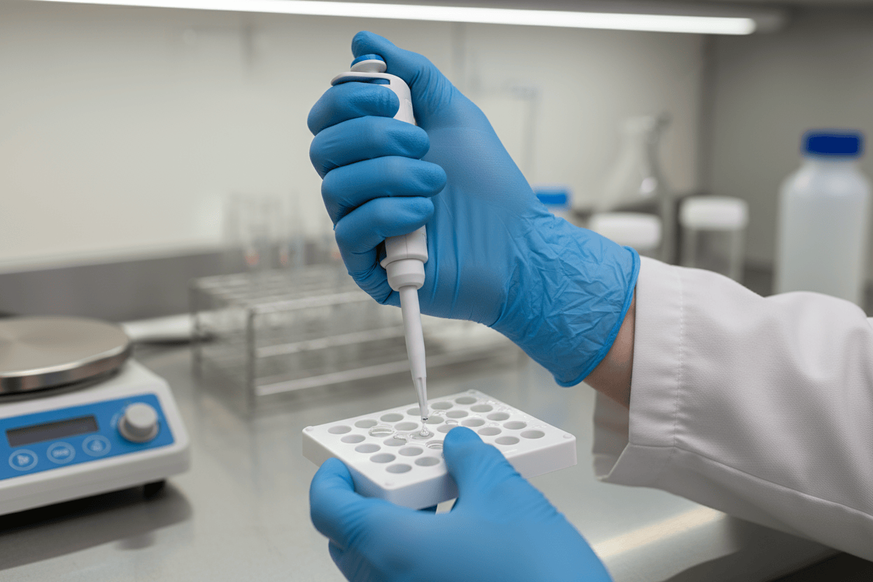 Create an image of a scientist in a lab but only show the hands as they pipette samples into a well